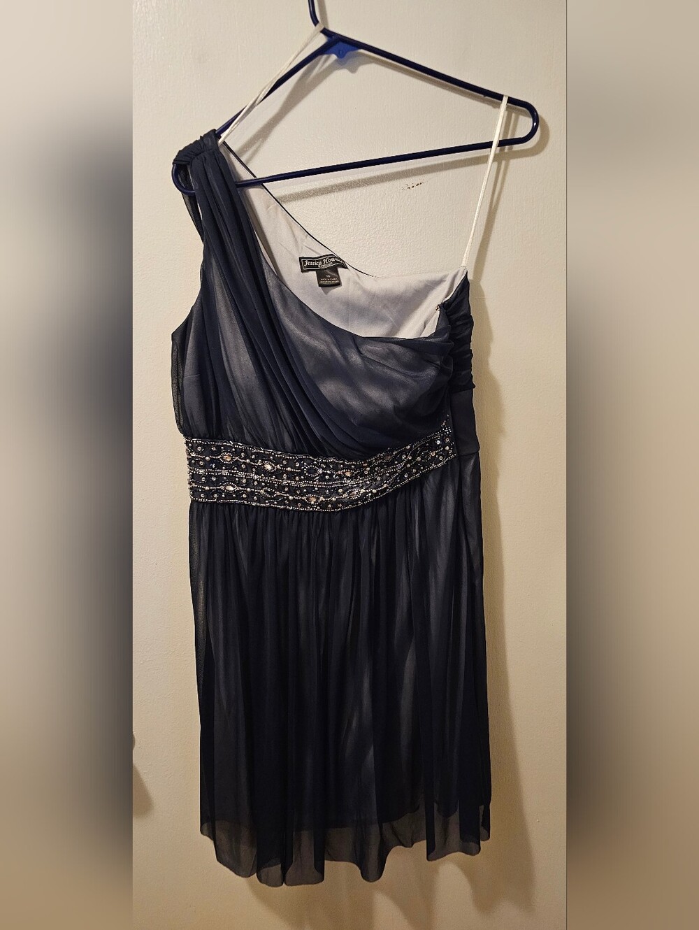 Jessica Howard Navy Blue One Shoulder Mini Dress W/Beaded Embellishments Size 10